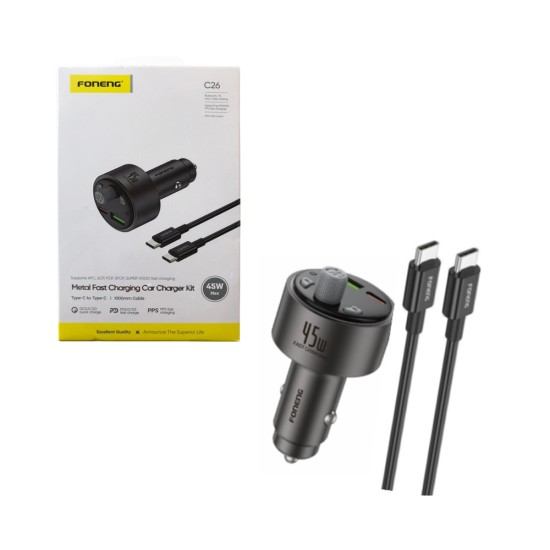 Transmissor sem fios Foneng BT+FM C26 com 2 Portas USB+Tipo-C 45W e Cabo Tipo-C para Tipo-C de 1m Preto